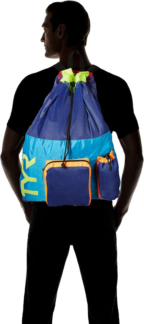 TYR Big Mesh Mummy Backpack for Wet Swimming, Gym, and Workout Gear, Blue/Yellow...
