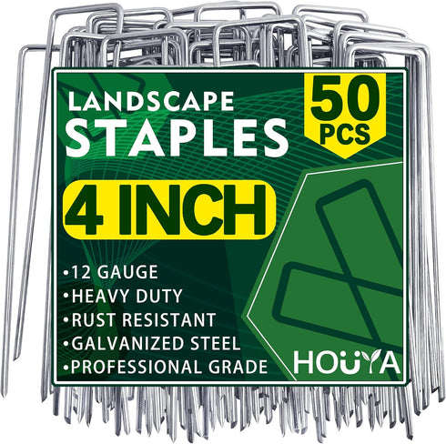 50 Pack Landscape Staples 4 Inch 12 Gauge Garden Stakes Galvanized Garden Staples Pins Anti-Rust Ground Stakes for Weed Barrier, Irrigation Tubing...