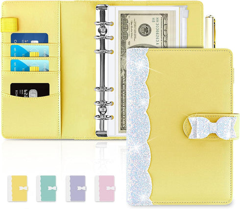 Onlyesh Budget binder, Shiny A6 Binder, Refillable 6 Ring Mini Binder for A6 Filler Paper, Leather Binder Cover with Magnetic Buckle Closure, Yell...