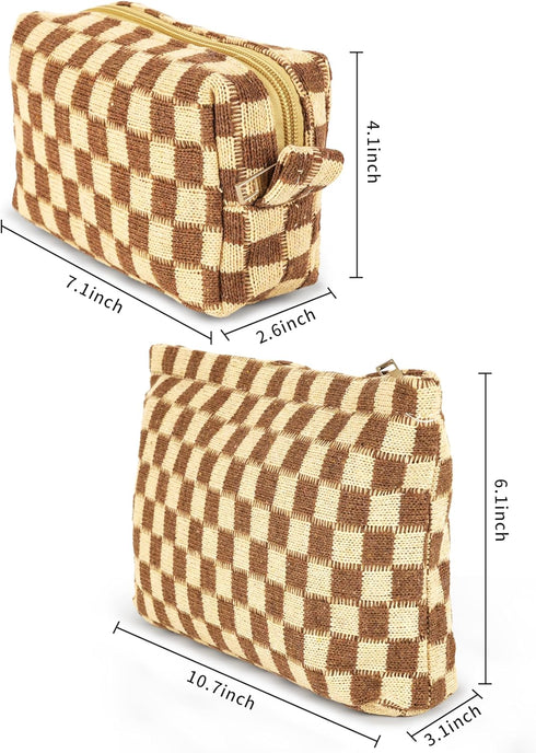 2Pcs Makeup Bag For Women - Large Checkered Knitted Cosmetic Bags&Small Makeup Pouch Aesthetic Design Travel Toiletry Bag Skincare Bag Car Storage...