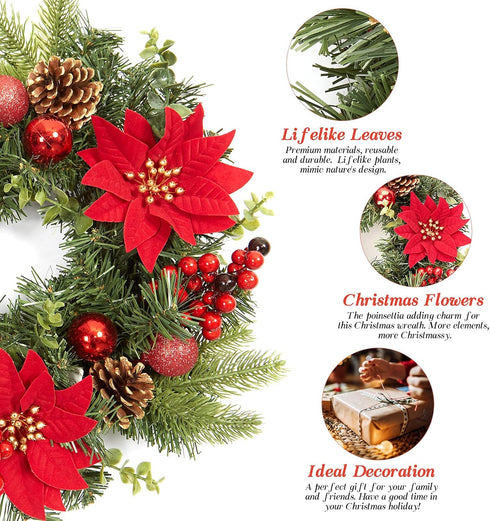 Adeeing 16 Inch Christmas Wreath, Outdoor Christmas Wreath with Red Artificial Poinsettia Flowers Ball Ornaments Pine Cones Berries for Door Wall ...