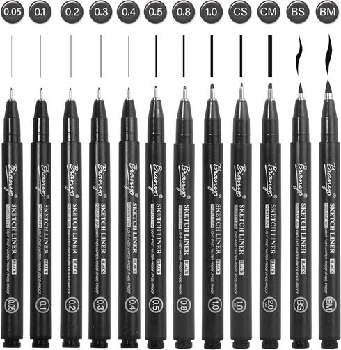 Bianyo Black Art Pen Set - 12 Assorted Sizes Fine Line Drawing, Upgraded Pigment Ink, Water-Resistant Archival Pens for Artists, Crafters, and Jou...