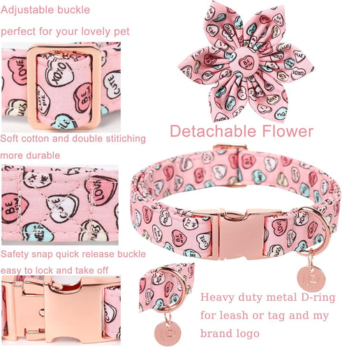 Valentine Dog Collar with Flower, Heart Flower Collar for Puppy Girl Boy Dog or Cat, Comfortable Dog Collar Flower with Durable Metal Buckle, Cute...