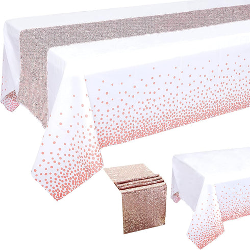 Rose Gold Tablecloth Sequin Table Runner Set, White Party Decorations, Rectangle Disposable Plastic Table Cloths for Parties, Wedding, Birthday, A...
