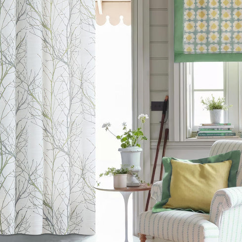 FMFUNCTEX Linen Semi Sheer Curtains for Bedroom, Sage Green White Curtains 54 Inches Long for Living Room, Grey Tree Branch Print Curtain Light Fi...