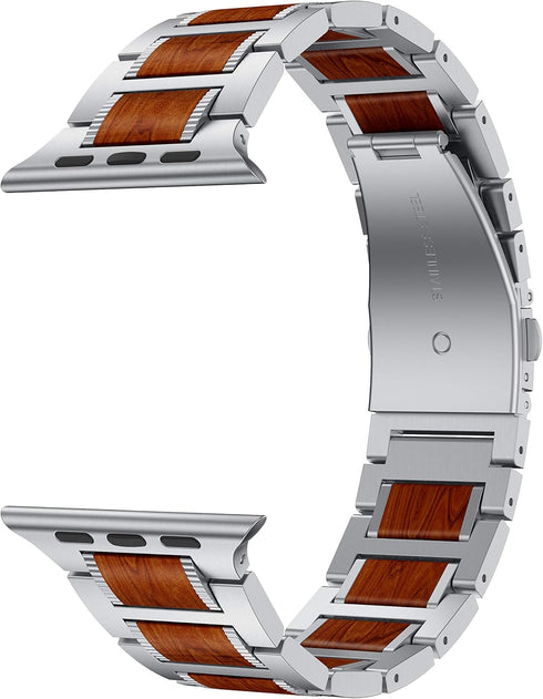 Compatible for Apple Watch 49mm 45mm 44mm 42mm Bands, Red Sandalwood Wood Stainless Steel Replacement Wrist Strap for Apple Watch Ultra & SE Serie...