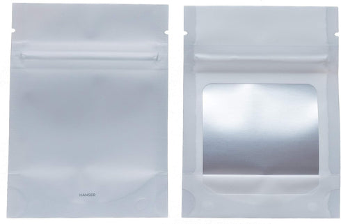 HANSER | Smell Proof Odorless Mylar Resealable Foil Pouch Bags with clear Window | Stand up bottom | Airtight | matte white | 100 Pieces | 3x4 inc...