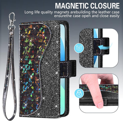 Asuwish Phone Case for iPhone 13 6.1 inch Wallet Cover with Screen Protector and Wrist Strap Flip Card Holder Bling Glitter Cell Accessories iPhon...