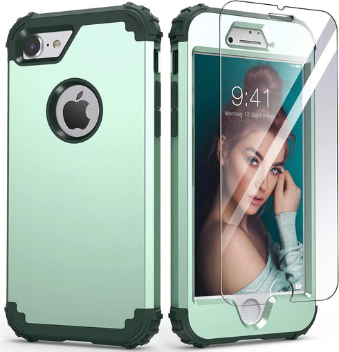 IDweel for iPhone 8 Case with Tempered Glass Screen Protector, for iPhone 7 Case, 3 in 1 Shockproof Slim Hybrid Heavy Duty Hard PC Cover Soft Sili...