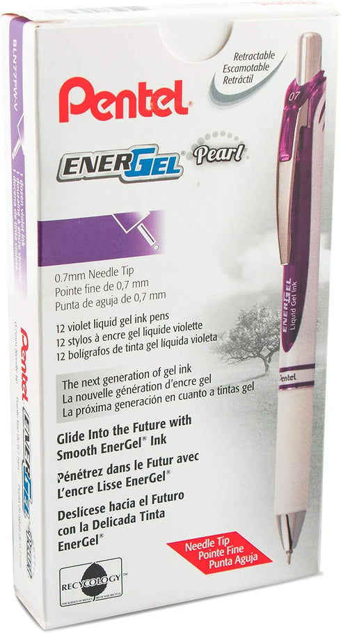 Pentel Gel Ink Pen, Pearl Retractable Gel Pen, (0.7mm) Medium Point, Needle Tip, Violet Ink, 12 pack (BLN77PW-V)...