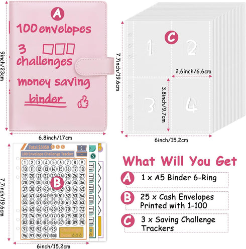100 Envelopes Money Saving Challenge Binder to Save $5,050, 500, 10,000, A5 Budget Planner Savings Binder Challenge Book with Cash Envelopes for B...