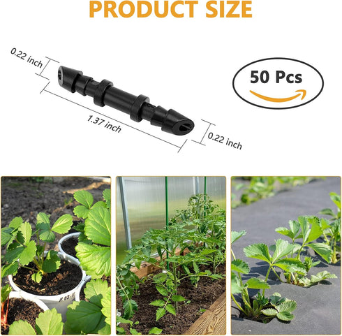 50 Pcs Drip Irrigation Coupling Fittings, 1/4'' Drip Irrigation Tubing, Straight Coupling/Single Barbed Connectors for Universal 1/4 Inch Irrigati...