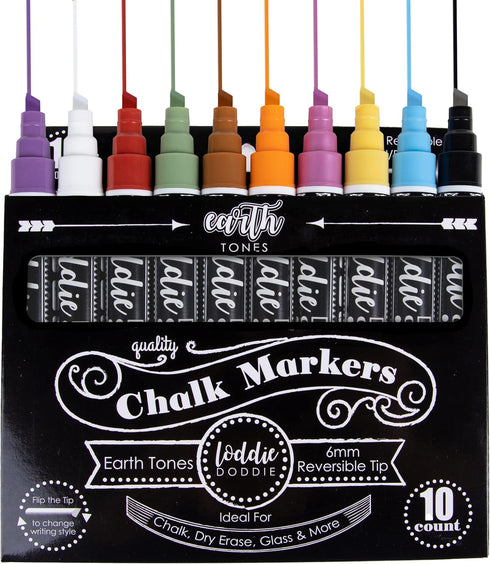 Loddie Doddie Liquid Chalk Markers for Chalkboard - 6mm Reversible Chisel and Bullet Tips, Chalkboard Markers Erasable, Earth Tones Chalk Pens 10 ...