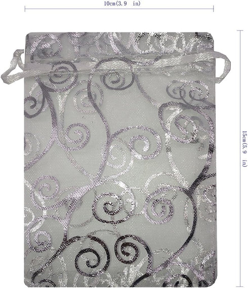 100pcs Sheer Organza Favor Bags For Wedding Baby Shower Rattan Print Gift Bags Samples Display Drawstring Pouches (4x6, silver)...