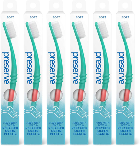 Preserve Ocean Plastic Initiative (POPi) Adult Toothbrush, Made in USA from Recycled Ocean Plastic, Coral, Soft, 6 Count...