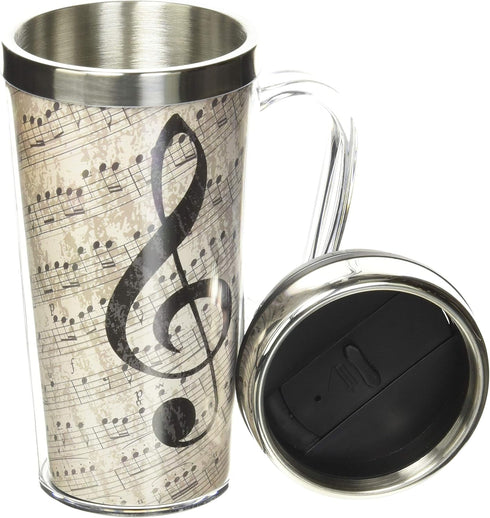 Spoontiques Insulated Travel Mug, 14oz - Double Wall Stainless & Acrylic Drink Cup with Twist Top Lid & Handle - Music...