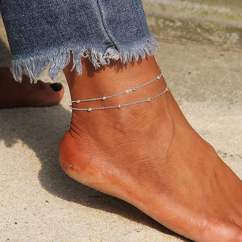 CAROVO Minimalist Layered Satellite Ankle Bracelet 14K Gold Plated Cute Layering Beads Sphere Boho Ankle Bracelet Delicate Summer Beach Beaded Ank...
