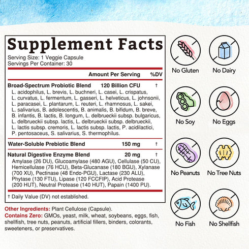Bonawell Probiotics 120 Billion CFU 32 Strains with Prebiotics, Digestive Enzymes for Gut Health, 3-in-1 Daily Probiotic, Shelf-Stable, Delayed-Re...