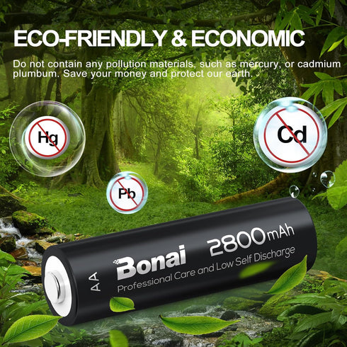 BONAI 4 Packs 2800mAh AA Rechargeable Batteries 1.2V Ni-MH Low Self Discharge High Capacity...