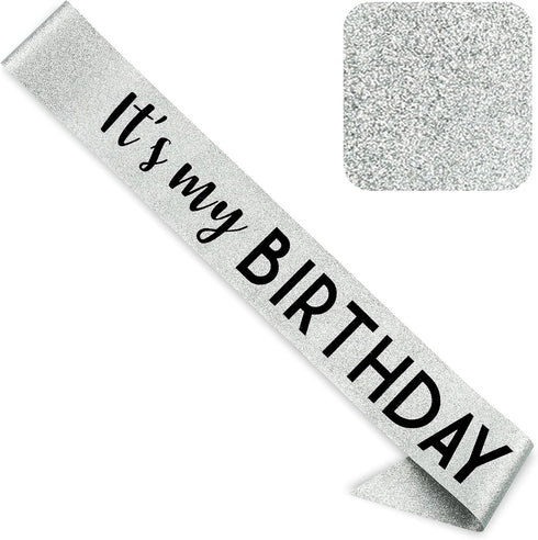CORRURE 'It's My Birthday' Sash Glitter with Black Foil - Silver Glitter Birthday Sash for Women and Men - Happy Birthday Sash for Girls, Sweet 16...