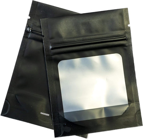 HANSER | Smell Proof Odorless Mylar Resealable Foil Pouch Bags with clear Window | Stand up bottom | Airtight | matte black | 100 Pieces | 3x4 inc...