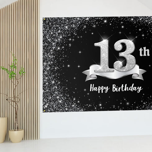 HAMIGAR 6x4ft Happy 13th Birthday Banner Backdrop - 13 Years Old Birthday Decorations Party Supplies for Girls Boys - Black Silver...