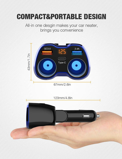 Car Charger, 150W 2-Socket Cigarette Lighter Splitter QC 3.0 Dual USB Ports 1 USB C Fast Car Adapter with Separate Switch LED Voltmeter Replaceabl...