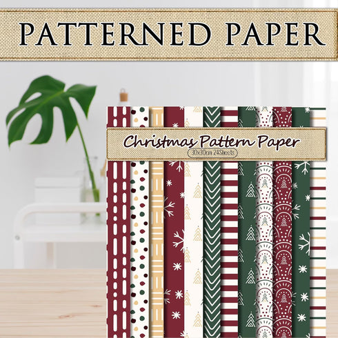 Whaline 24Pcs Boho Christmas Pattern Paper Red Green Scrapbook Specialty Paper Christmas Tree Snowflake Double Sided Craft Paper For DIY Card Maki...