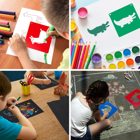 20 PCS Animal Stencils for Kids, 8 x 8 Inch ViikiFain Sidewalk Chalk Stencils Colorful Drawing Stencils with 5 Pcs Scratch Paper Reusable DIY Craf...