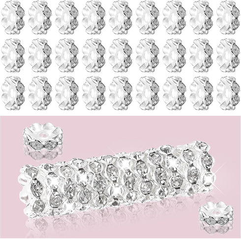 100pcs 12mm Rhinestone Beads for Jewelry Making for Pens Rondelle Spaced Beads Silver White Beadable Pens Beads Rondelle Beads...