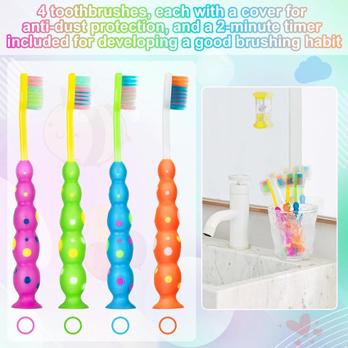Soft Kids Toothbrushes with Suction Timer and Flossing Bristles, Children Sized Brush Heads (3-10 Year Old), Suction Cup for Fun & Easy Storage, T...