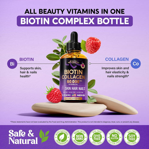 Liquid Biotin & Collagen - Vitamins for Hair Growth Support for Women & Men - Extra Strength 60000 mcg Drops - B7 Supplement - Strong Nails & Heal...