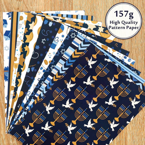 Whaline 60 Sheet Hanukkah Pattern Paper A5 Size Hanukkah Star Lamp Spinning Top Scroll Flagon Scrapbook Paper Double-Sided Craft Paper Folded Flat...