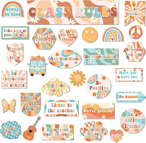 Class Rules Bulletin Board Decorations Groovy Classroom Rules Motivational Bulletin Board Cutouts Retro Class Rules Bulletin Board Behavior Educat...
