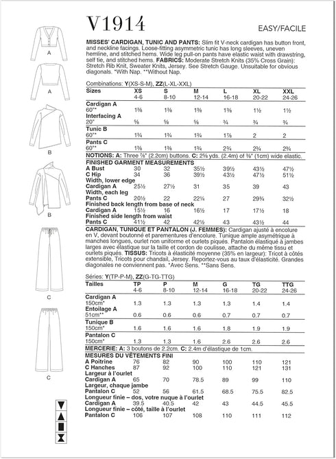 Vogue Misses' Cardigan, Tunic and Pants Sewing Pattern Kit, Design Code V1914, Sizes LRG-XLG-XXL...