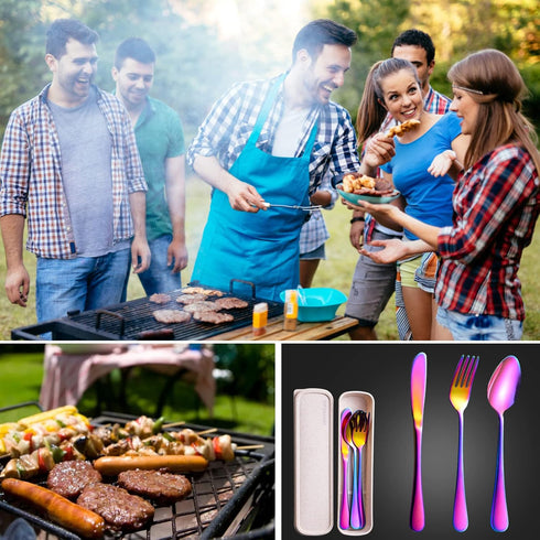 Portable Utensils Set with Case, 4pcs Stainless Steel Reusable Silverware for Lunch Camping School Picnic Workplace Travel, Lunch Box Includ Fork ...