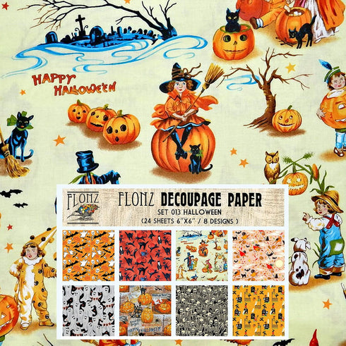 Decoupage Paper Pack (24 Sheets 6"x6") Vintage Halloween Patterns FLONZ Vintage Styled Paper for Decoupage, Craft and Scrapbooking...
