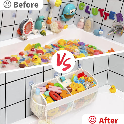 Original Two Compartment Easy-access Mesh Bath Toy Organizer for Bath Tub with Large Openings Quick Drying Cute Toddler Bath Toy Storage Holder fo...