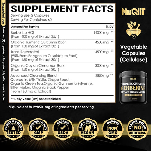 Berberine Supplement 14000mg Turmeric Curcumin 4500mg Trans-Resveratrol 4500mg & More - Support Body Management & Immune System - 120 Capsules...