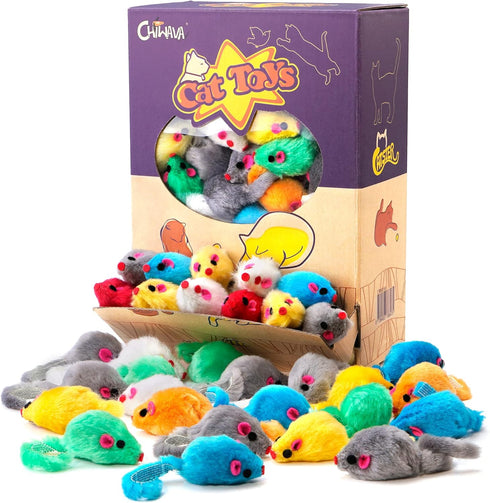 CHIWAVA 60PCS 4.1'' Furry Cat Toy Mice Rattle Small Mouse Kitten Interactive Play Assorted Color...