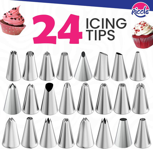 Riccle 94 pcs Cake Decorating Kit with Cake Turntable - Includes 50pcs 16 Inch Disposable + 2 Reusable Piping Bags and Tips Set, 24 Icing Piping T...