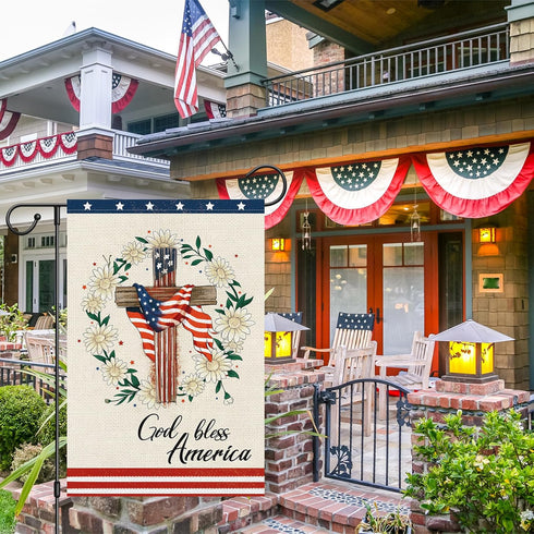 God Bless America 4th of July Garden Flag 12x18 Inch Double Sided, Patriotic Religious Cross Yard Flags Independence Day Daisy Flower Yard Banner ...