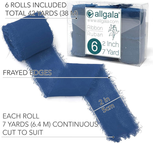 Allgala 6 Roll 2"x7yd Navy Blue Color Handmade Rustic Fringe Frayed Chiffon Ribbon for Bridal Wedding Gift Packing, Flower Bouquet Arrangement Wra...