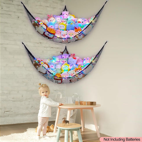 Stuffed Animals Net or Hammock Kids Toy Storage Organizer with LED Light Unicorn Castle Hanging Corner Stuffed Animals Holder Kids Girls Room Deco...