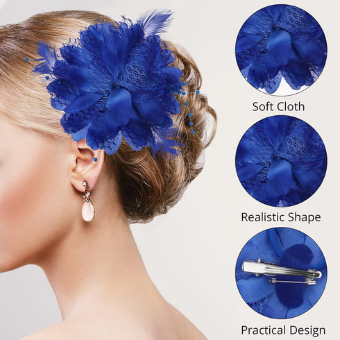 Blue Ladies Feather Flower Hair Clip Elegant Hat Flower Mesh Ribbons Brooch Pin Hair Accessory Fascinator Headwear Floral Corsage for Women and Gi...
