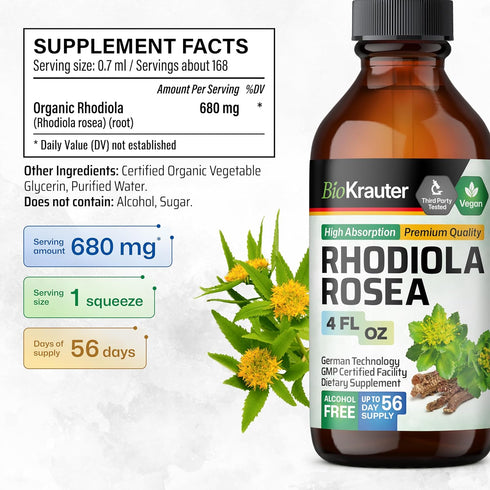 Rhodiola Rosea Supplement Liquid - Organic Rhodiola Rosea Extract - Vegan Adaptogenic Drops for Mood & Brain Support - Alcohol & Sugar Free Rhodio...