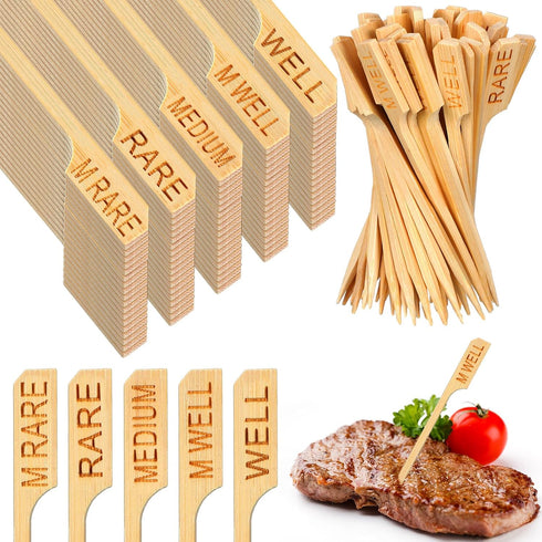 Soaoo 500 Pcs 3.5" Assorted Bamboo Wood Steak Markers Steak Temperature Sticks Meat Doneness Picks Bamboo Paddle Skewers Sticks for BBQ Barbecue P...