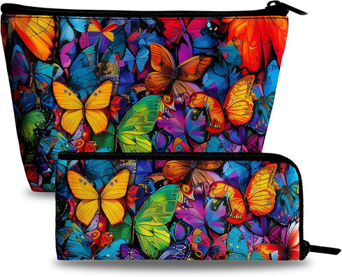 Colorful Butterfly Makeup Bag Cosmetic Bag for Women,1Pcs Large Capacity Makeup Bags and 1Pcs Pencil Case Makeup Brushes Storage Bag Travel Toilet...