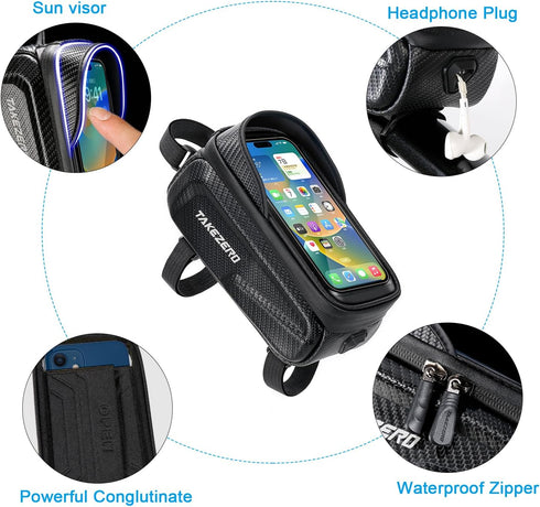 Bike Phone Bag Bike Front Frame Bag Waterproof Bicycle Phone Handlebar Holder Case Bicycle Pouch Sensitive Touch Screen Compatible Below 6.5"(Blac...