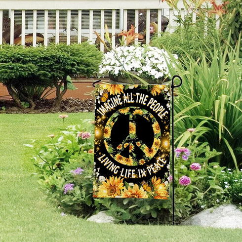 Hippie Sunflower Garden Flag Double Sided 12Wx18L Inch Imagine All The People Living Life in Peace Flag Positive Quotes Small Vertical Yard Flag f...